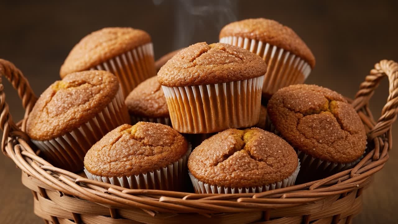 Muffin appena sfornati in un cestino che emettono vapore caldo, perfetti per qualsiasi spuntino o occasione di dessert, con cime dorate e croste dalla consistenza invitante.