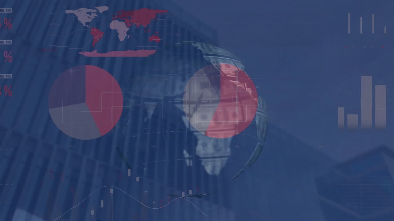 금융 데이터 처리의 애니메이션과 도시 풍경 위에 달러 지폐를 가진 지구