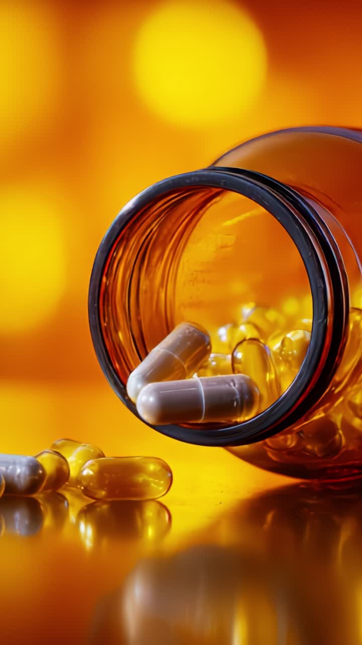 Aesthetic Close-Up of Spilled Capsules from an Amber Prescription Bottle Set Against a Warm, Blurred Background Creating an Inviting and Artistic Atmosphere