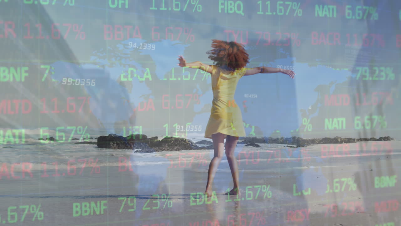 Animation of world map and financial data processing over african american woman on beach
