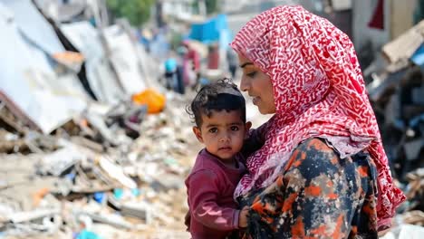 a woman holding a child in front of a pile of rubble