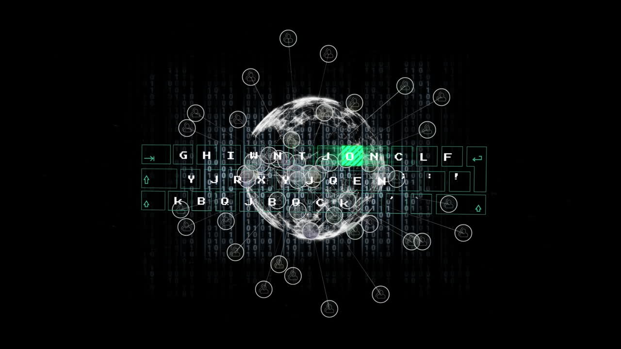 animación de procesamiento de datos y globo con red de conexiones sobre fondo negro