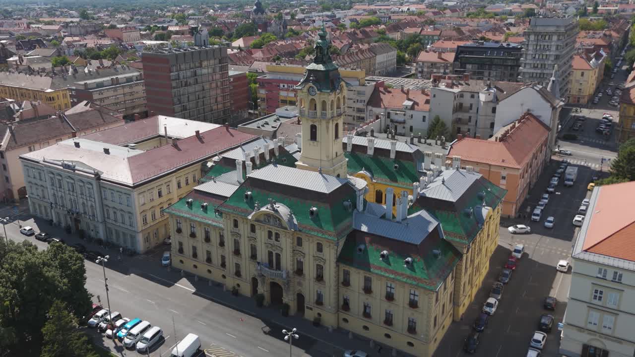 Aerial view of Szeged City Hall, highlighting its historic architecture and central location within the city