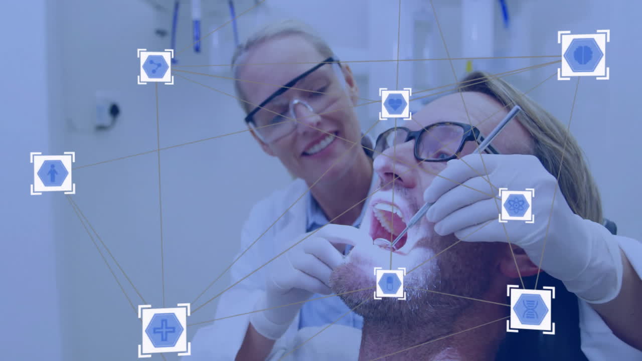 Animation of network of connections with icons over caucasian female dentist with male patient