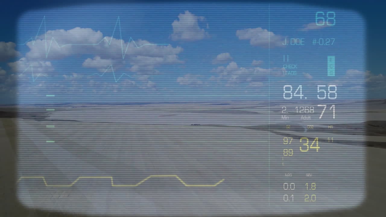 Animation of digital data overlaying desert landscape with blue sky and clouds