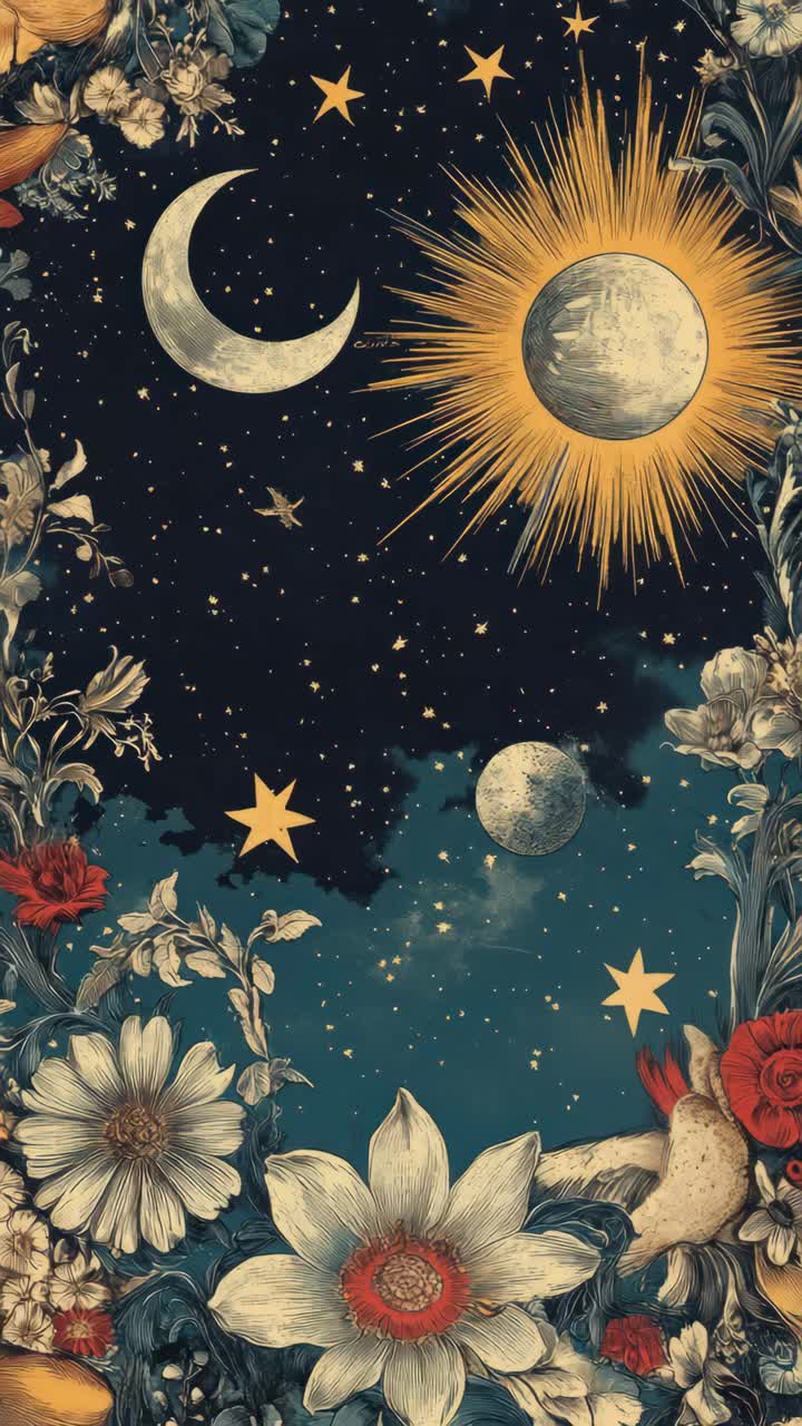 Concept video surreale a tema celeste con un angolo dall'alto, che mostra un cielo stellato, la luna e il sole