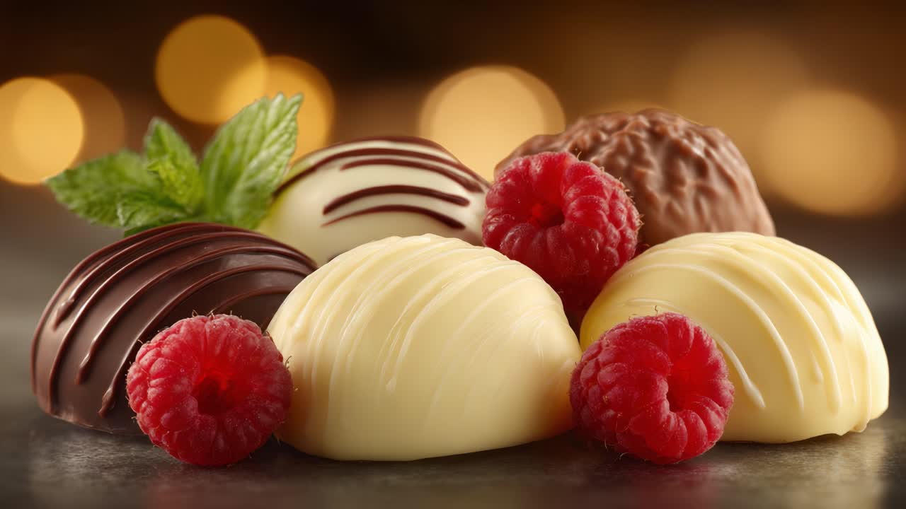 A Mouthwatering Display of Gourmet Chocolates and Fresh Raspberries Set Against a Softly Glowing Background, Perfect for Indulgence and Celebration
