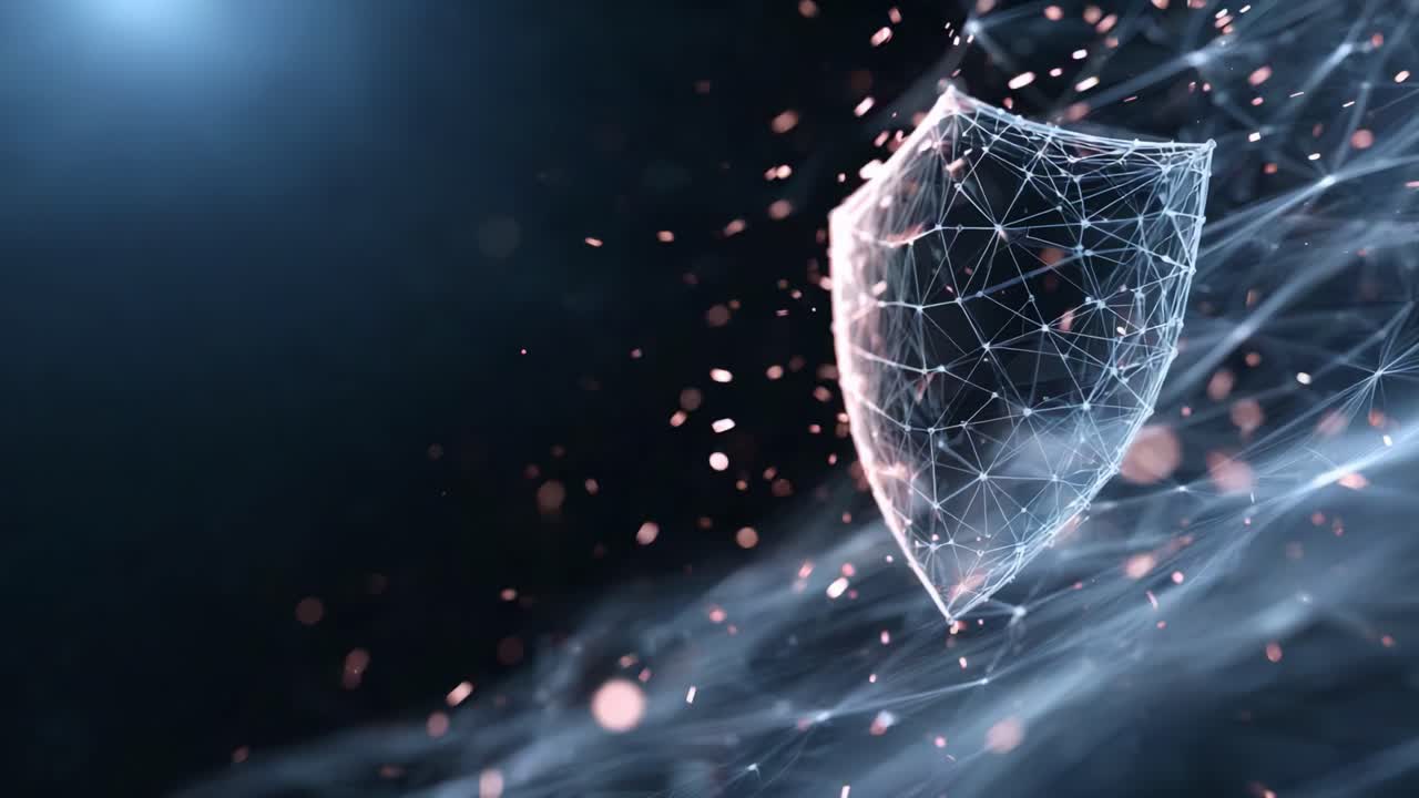 Digital Shield Representation in a Futuristic Environment, Highlighting Security, Protection, and Technological Innovation in a Virtual Space with Dynamic Particles