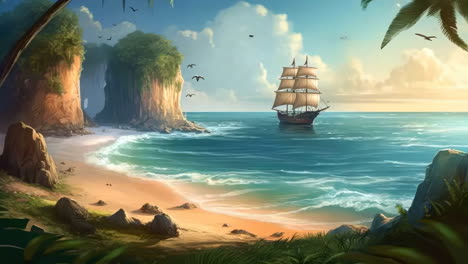 sailing ship on a tropical beach with cliffs