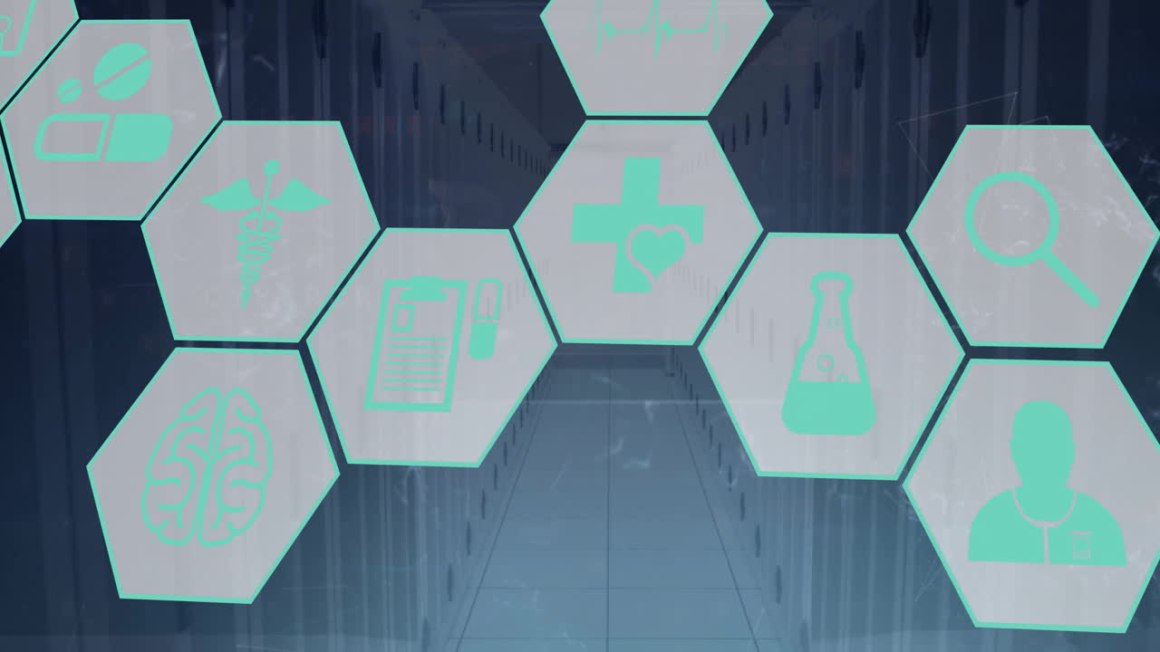 컴퓨터 서버를 통해 데이터 처리를 하는 과학 및 의료 아이콘의 애니메이션