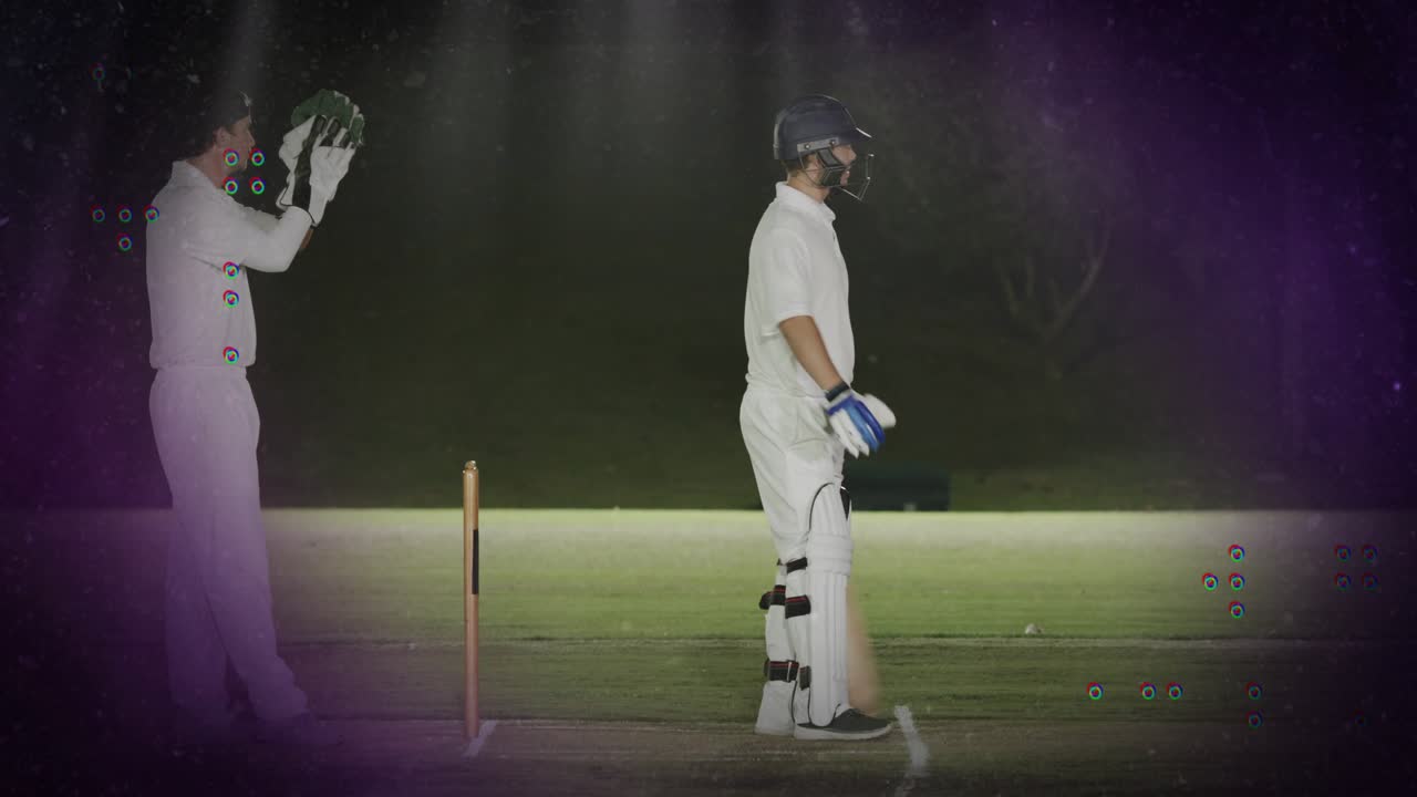 Cricketbowler die de bal gooit, batsman die de bal blokkeert met een bat, keeper die de bal vangt om runs te stoppen
