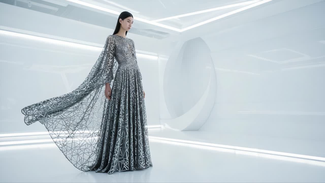 A Stunning Model Showcases a Silver Gown with Intricate Patterns and Flowing Sleeves in a Modern, Minimalist Setting