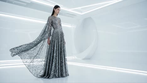 a stunning model showcases a silver gown with intricate patterns and flowing sleeves in a modern, minimalist setting