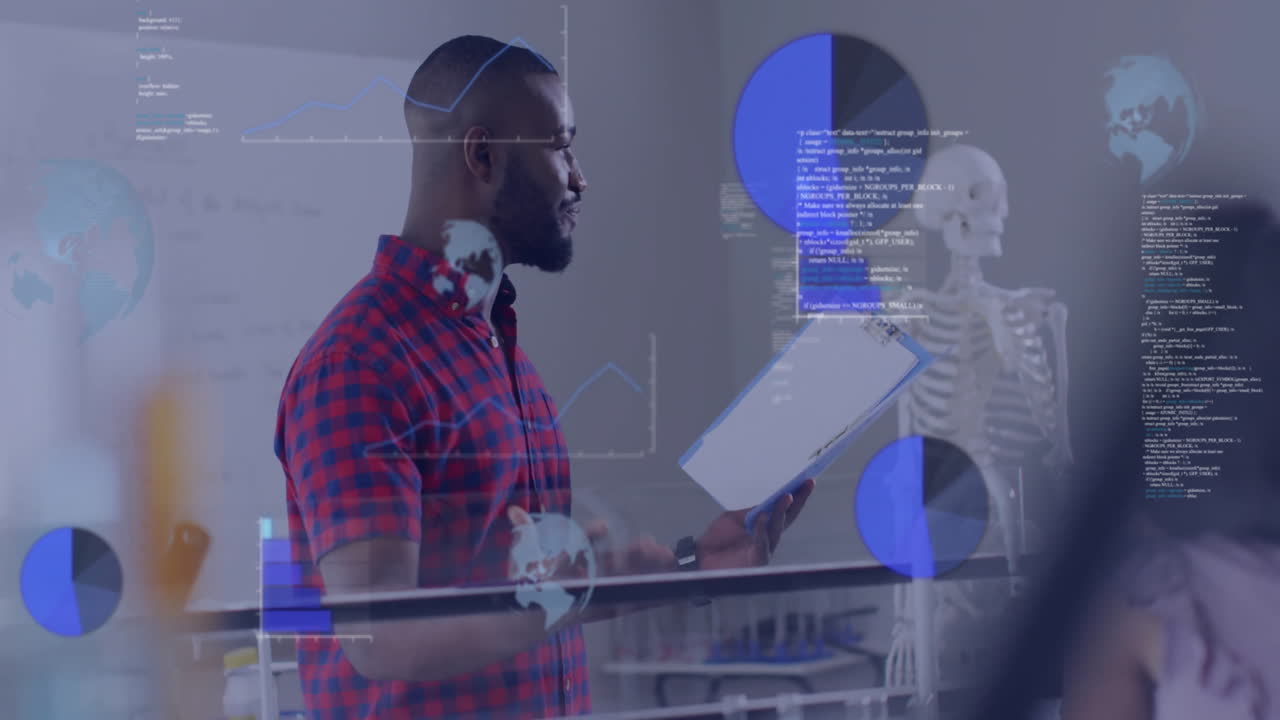Animation of data processing over diverse schoolchildren and male teacher in classroom