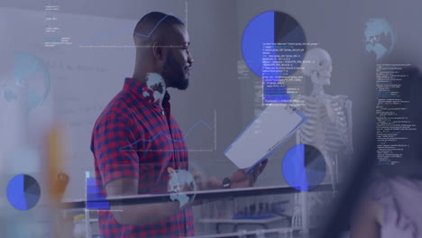 animation of data processing over diverse schoolchildren and male teacher in classroom