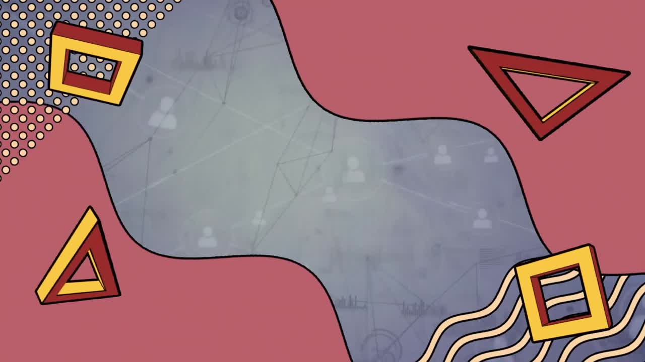 Animation of abstract figures, triangles and squares over network of connections
