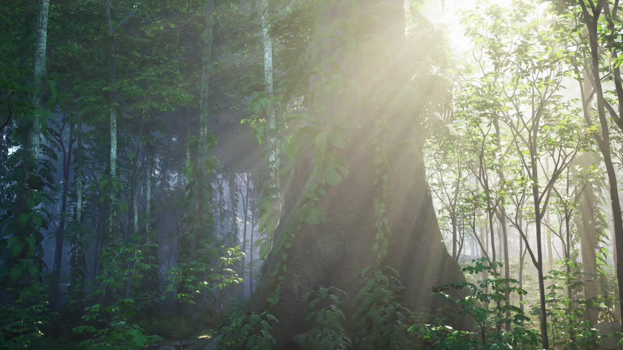 빛 이 울창 하고 안개 가 가득 한 숲 을 가로질러 아오르고 있다