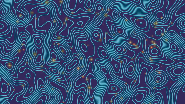 Animation of yellow shining stars over topography patterns in seamless pattern on blue background