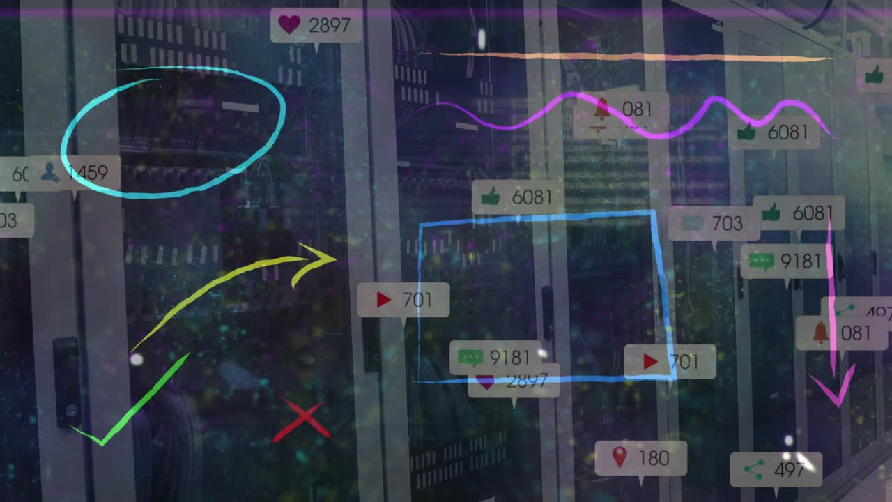 컴퓨터 서버를 통해 다채로운 떨어지는 숫자와 기하학적 모양의 애니메이션