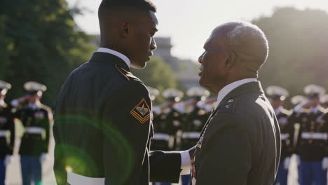 military personnel share a moment of respect at a formal event