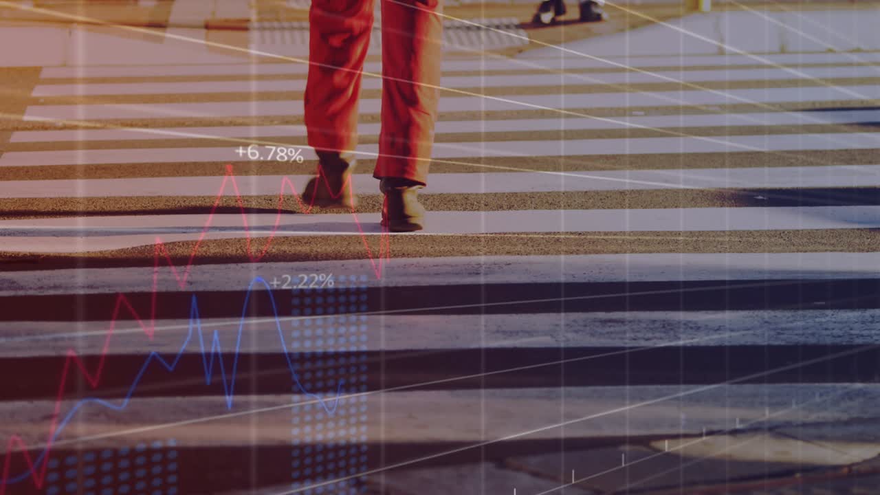animación del procesamiento de datos financieros sobre el cruce de cebra en la calle de la ciudad