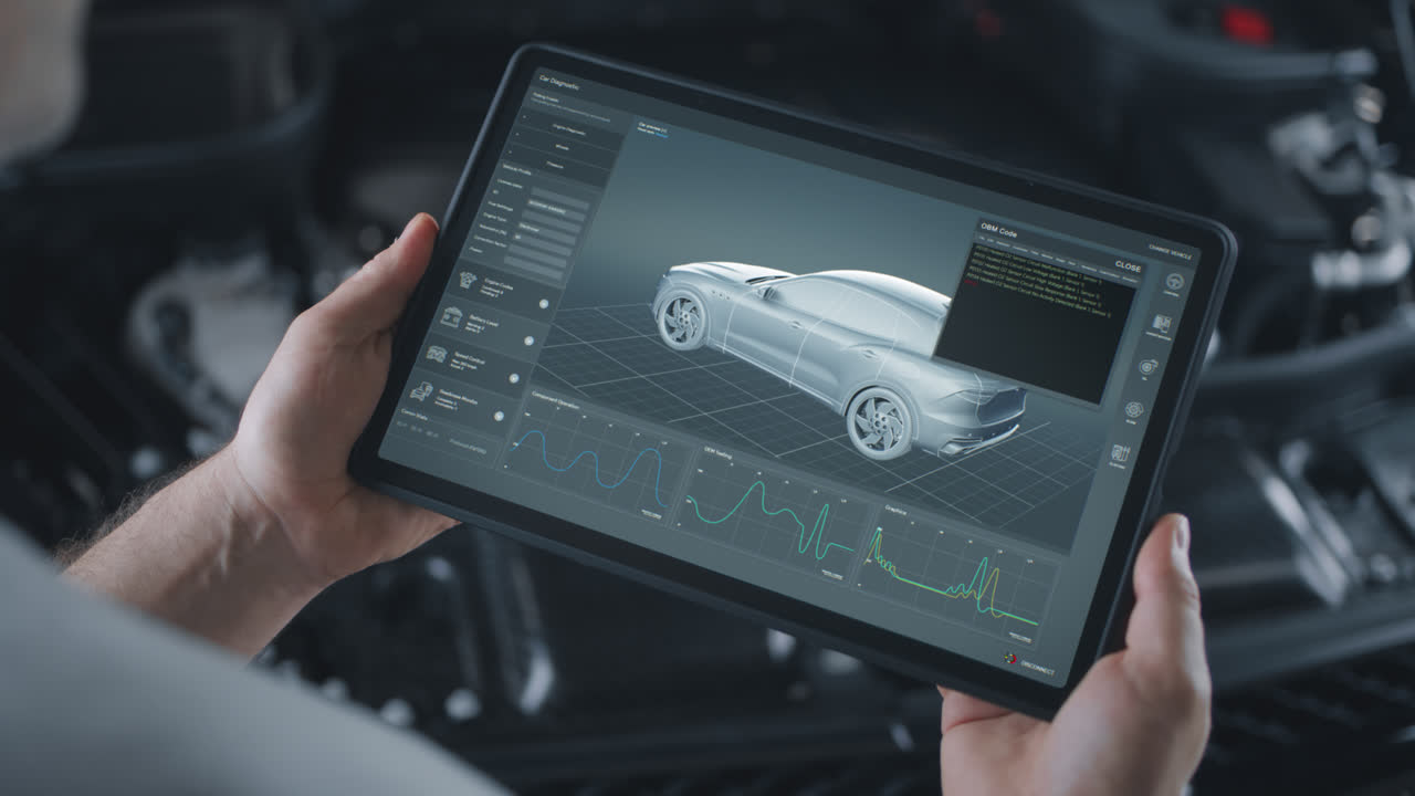 Person performing car diagnostics using a digital tablet with advanced software