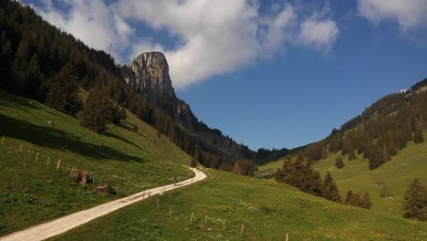 Aerial,-drone-shot-backpacking-trekking-alone-on-mountain-valley-trail-towards-a-house