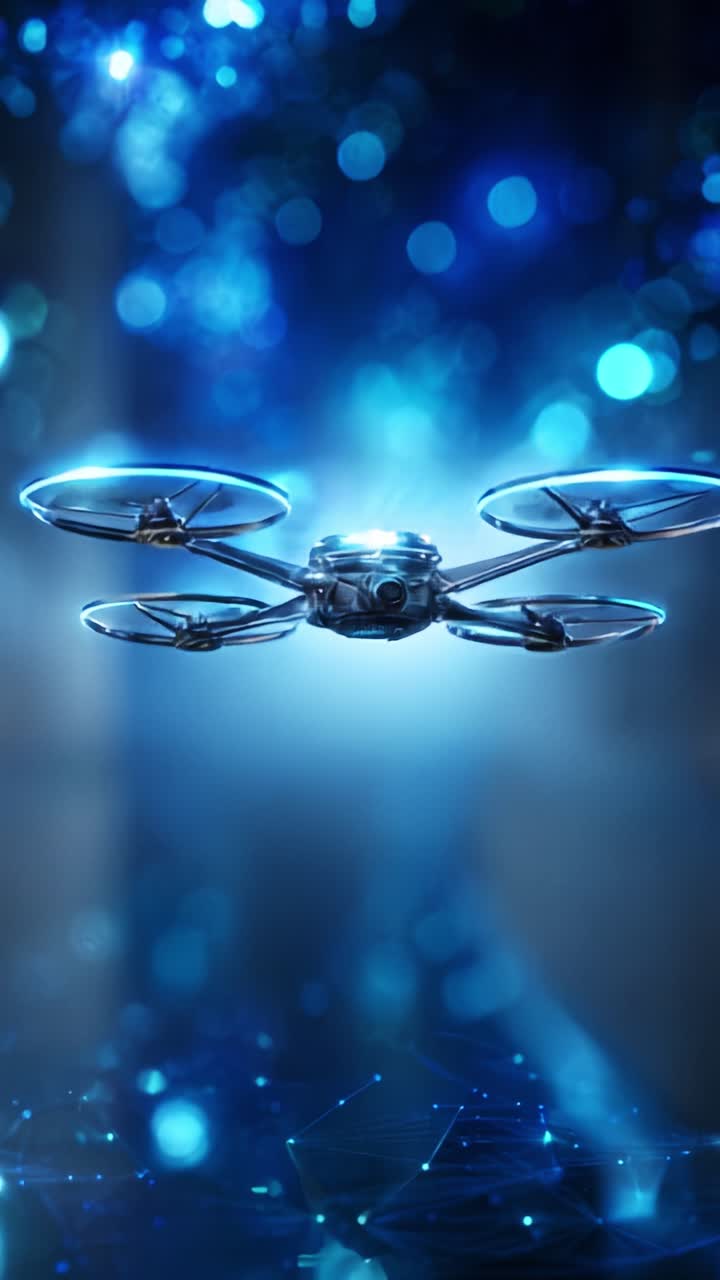 A Futuristic Drone Navigates Through a Glowing, High-Tech Environment with Brilliant Blue Bokeh Effects, Showcasing Advanced Aerial Capabilities and Design