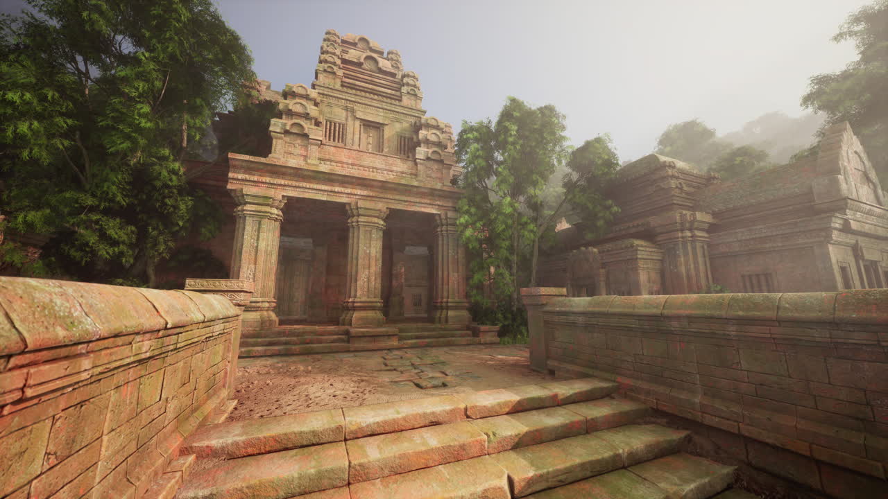 Ancient temple ruins shrouded in jungle mist