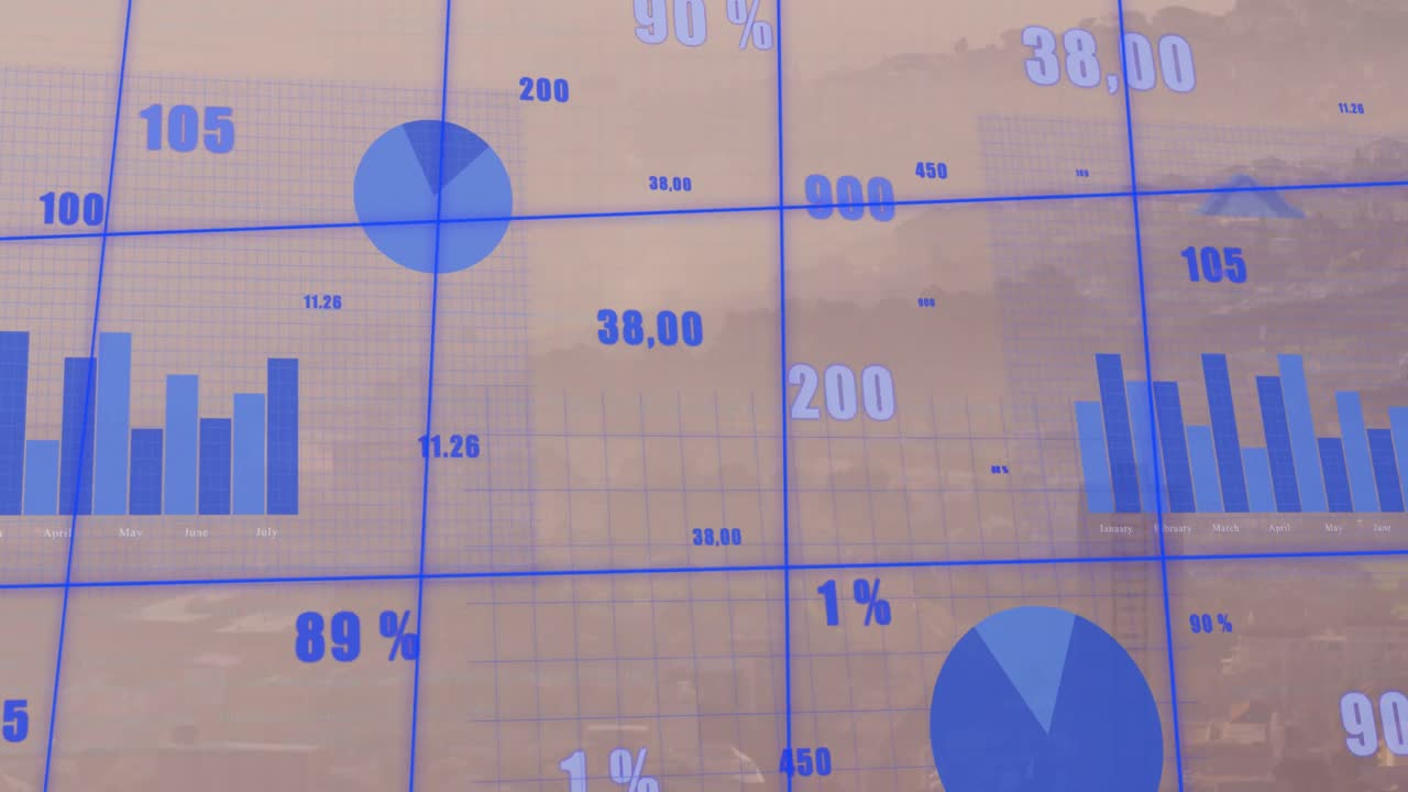 animación del procesamiento de datos estadísticos a través de la red de cuadrícula frente a una vista aérea del paisaje urbano
