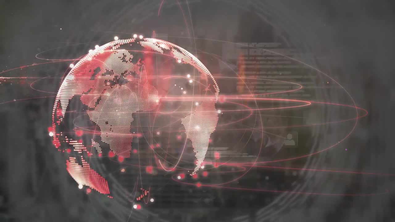 animación del globo con una red de conexiones sobre el paisaje urbano