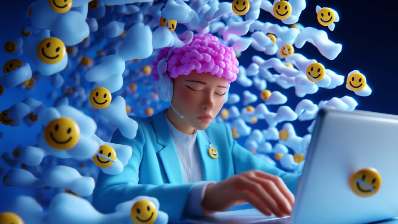 A focused individual immersed in a vibrant digital environment, wearing a headset and engaging with a laptop, surrounded by a captivating swirl of fluffy clouds and cheerful smiley icons representing positivity and creativity