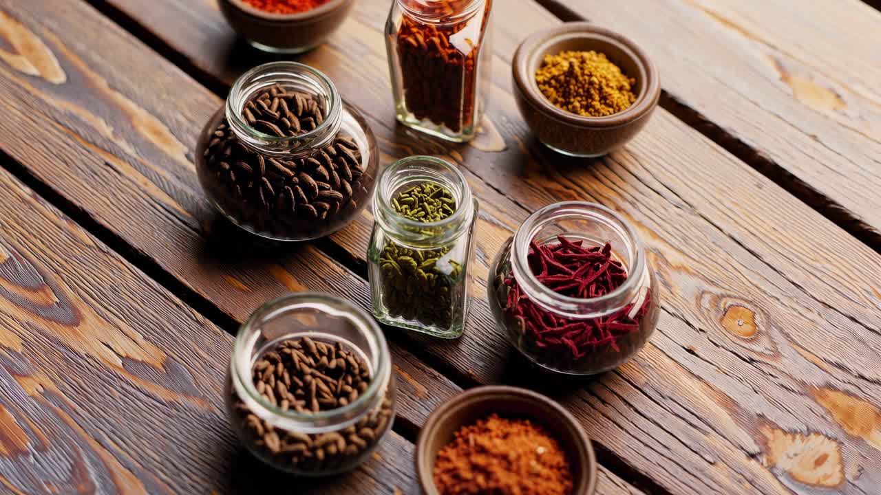Overhead shot of various spices in jars on a rustic wooden table, showcasing vibrant colors