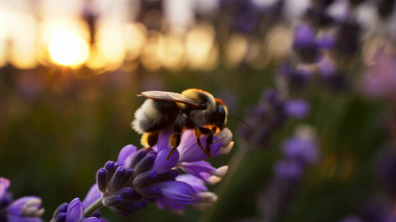 Close-up motion scene shows bumblebee foraging on purple lavender flower spike during warm sunset, with proboscis touching petals, pollen on hind legs, soft golden bokeh, and vivid natural garden