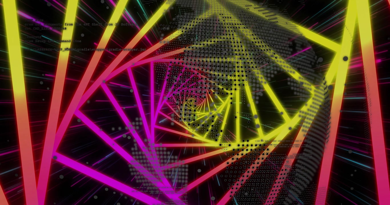 Colorful neon spiral framework animating in 3D digital tunnel with glowing beams and code snippets