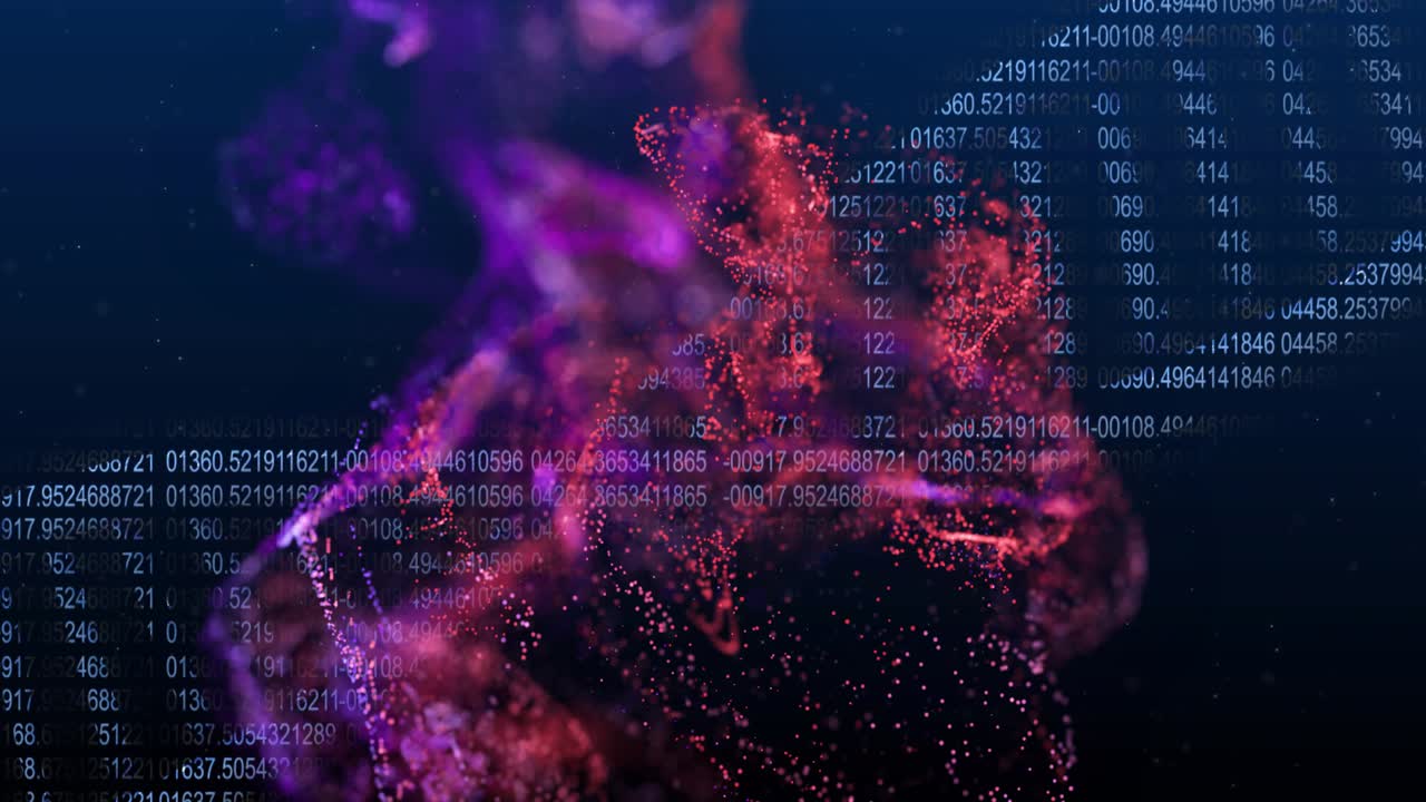 Particle cloud rising from lower center growing, splitting, twisting, visualizing numeric data flow