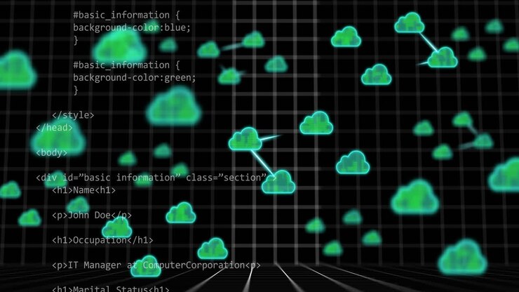 Cloud computing network animation over HTML and CSS code on grid background