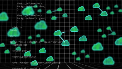 cloud computing network animation over html and css code on grid background