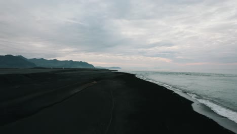 Reynisfjara-Beach-in-Iceland,-Aerial-View