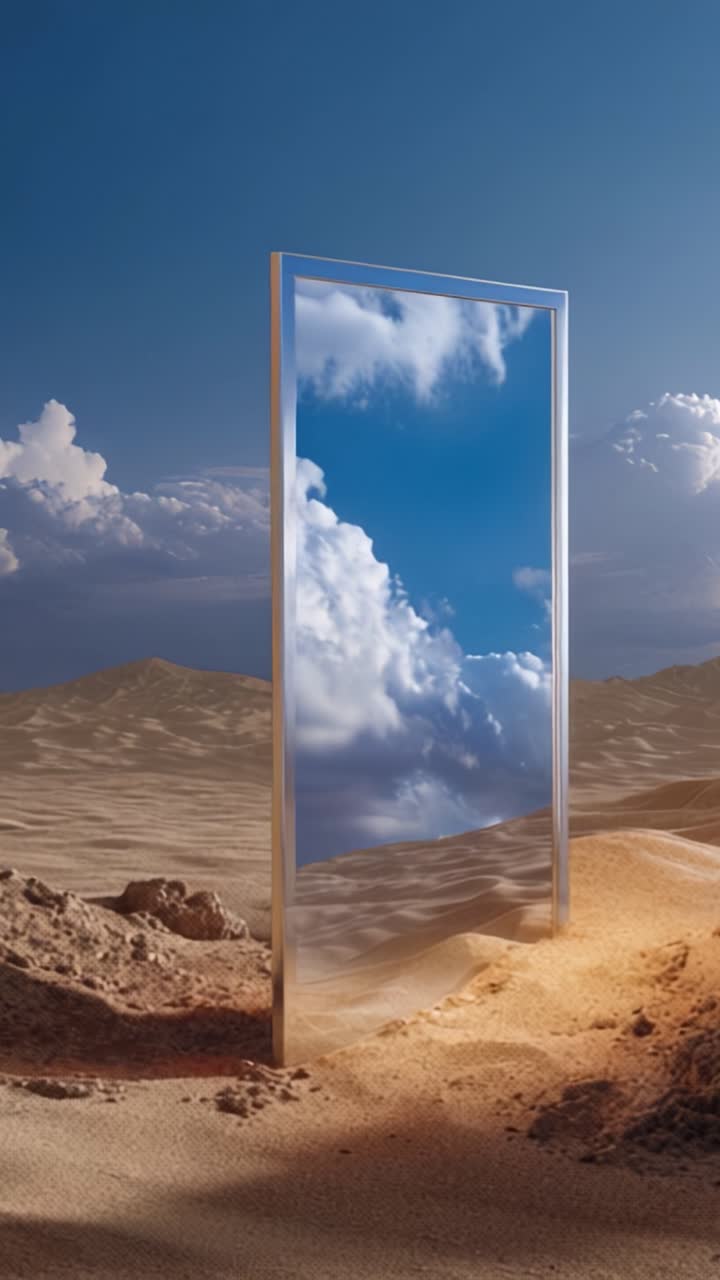 Un paesaggio desertico surreale presenta uno specchio riflettente che si erge imponente, mostrando un bellissimo cielo pieno di nuvole, evocando un senso di meraviglia ed esplorazione