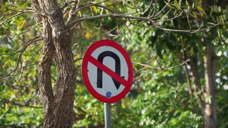 señal de tráfico u-turn prohibido con árboles en el fondo