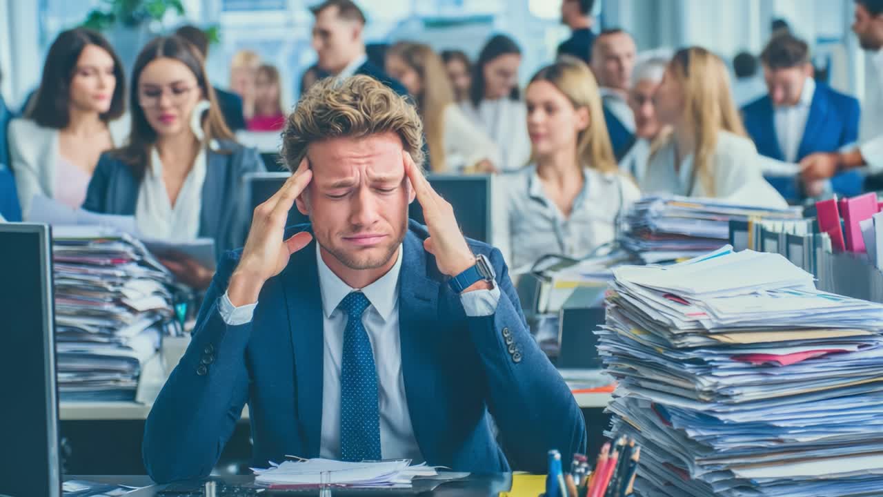 In a Chaotic Office Environment, an Overwhelmed Professional Struggles to Cope with Stress Amidst Piles of Paperwork and Distracting Colleagues