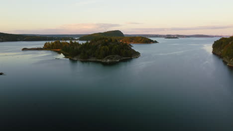 Beautiful-aerial-landscape-of-waterway-around-Orust-islands-at-sunset