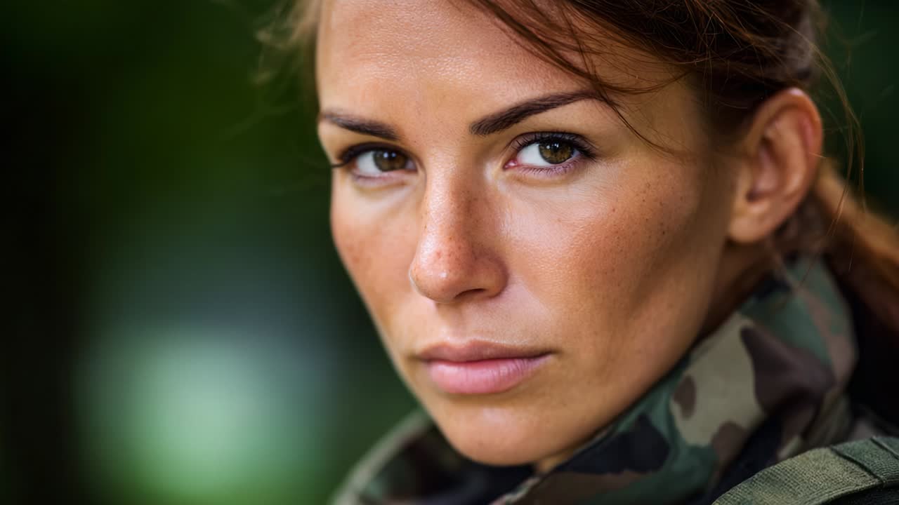 A close-up portrait of a woman with an intense gaze, showcasing her serious expression and military-inspired attire against a blurred green background that emphasizes her strength and determination