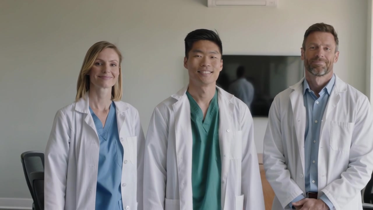 Entering door three medics in scrubs turning toward camera in conference room, posing by monitor