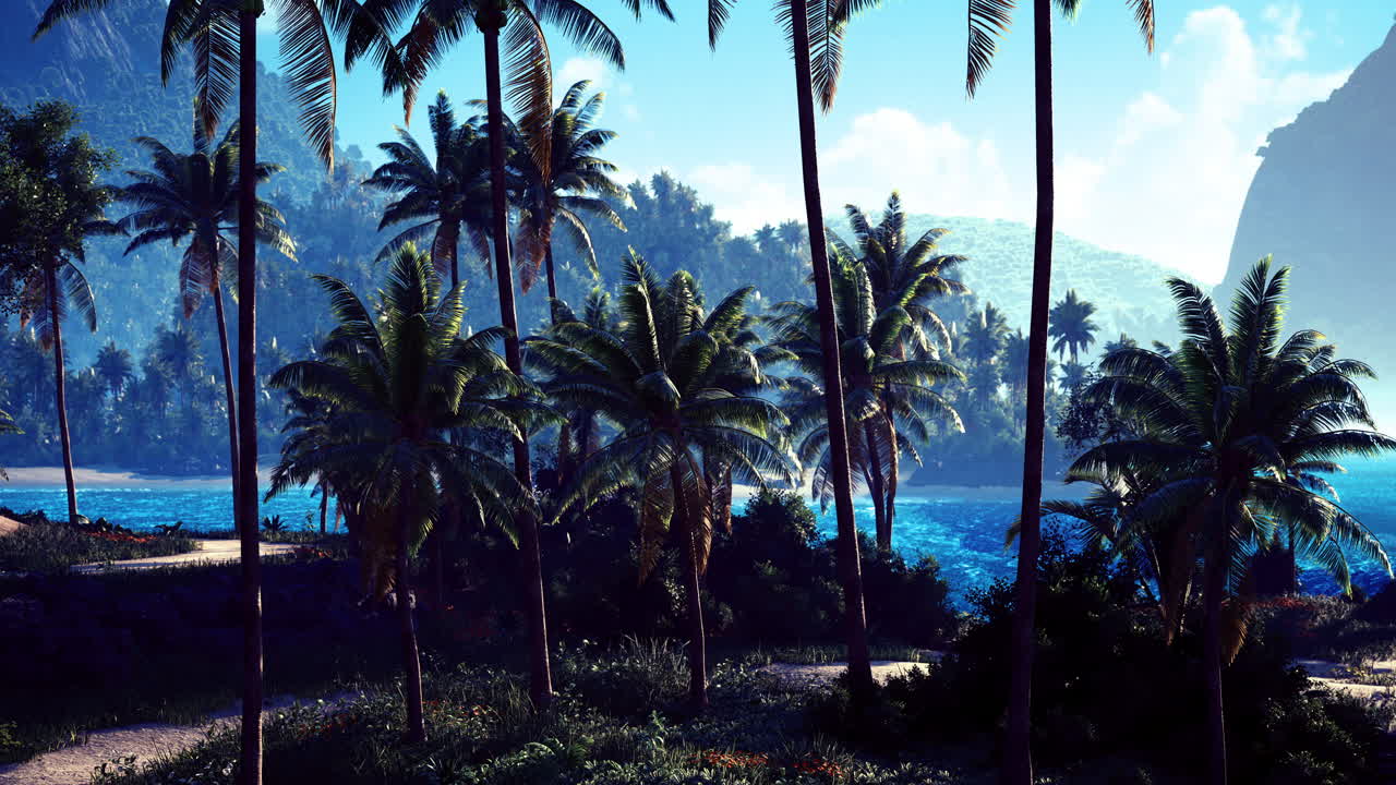 Vibrant tropical landscape with palm trees and serene ocean view at sunrise