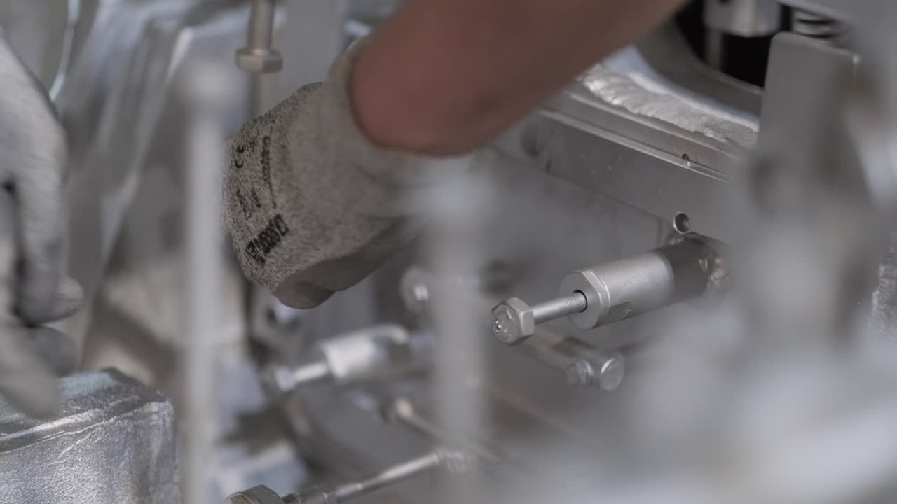 primer plano del trabajador que mantiene la máquina de moldeo durante el proceso de fabricación