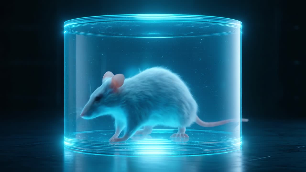Una capsula luminosa che racchiude un topo bianco, che illustra un ambiente unico che cattura le complessità degli ambienti di laboratorio e dell'osservazione sperimentale