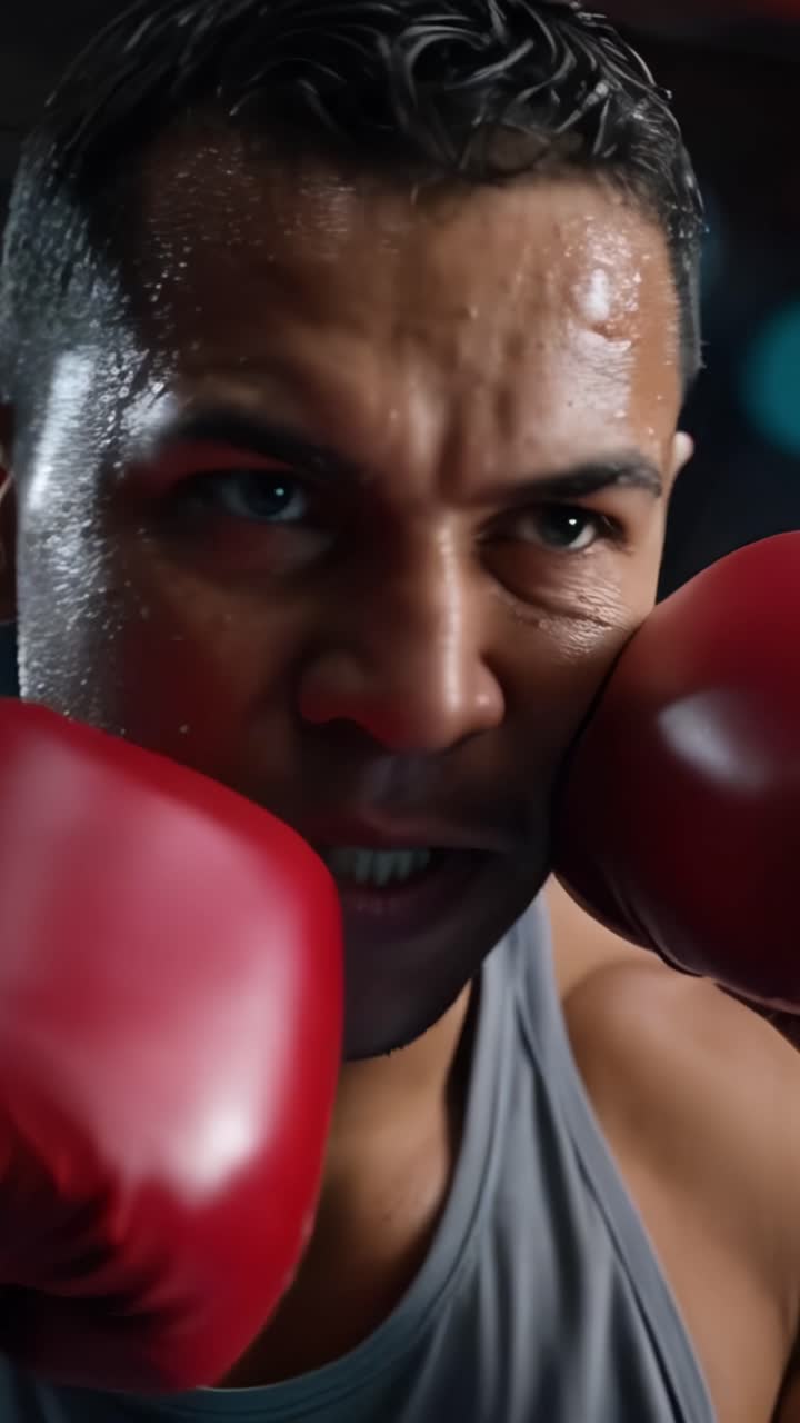 Intenso ritratto ravvicinato di un pugile concentrato sul suo avversario, con il sudore che gocciola e che esprime determinazione e intensità sul ring durante un match.