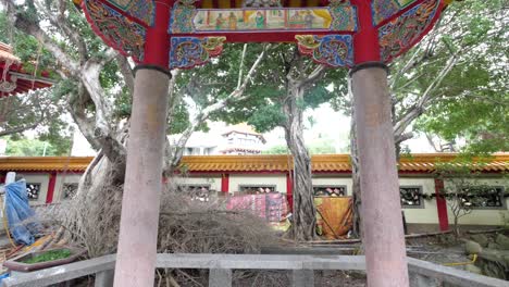 slow motion shot looking up at beautiful chinese art of colorful dragon in the baoan temple garden in taipei, taiwan